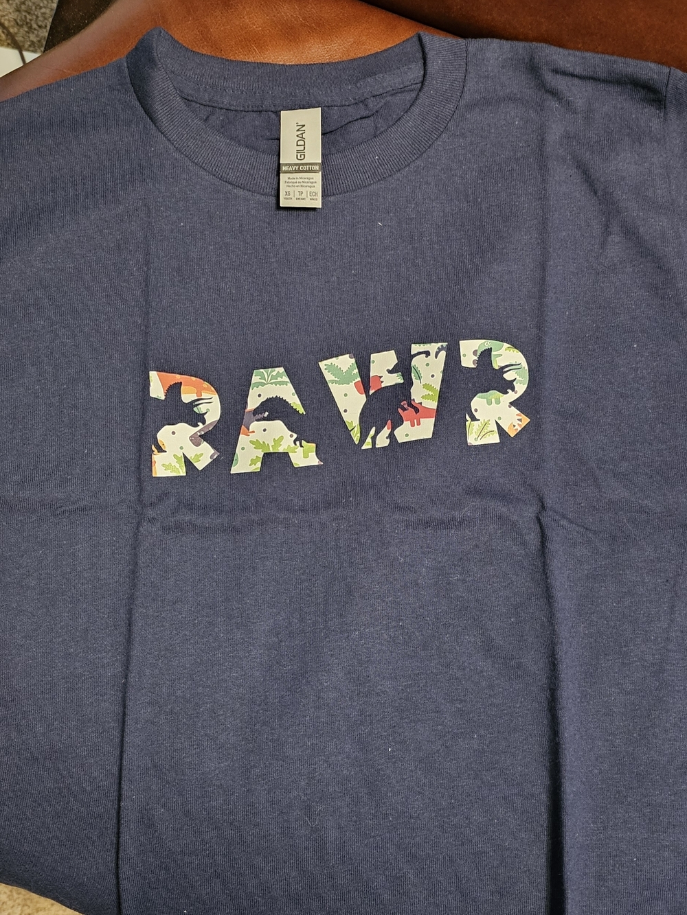 Gildan Navy Blue Kids Short Sleeve Tee with Colorful 'RAWR' Dinosaur Print